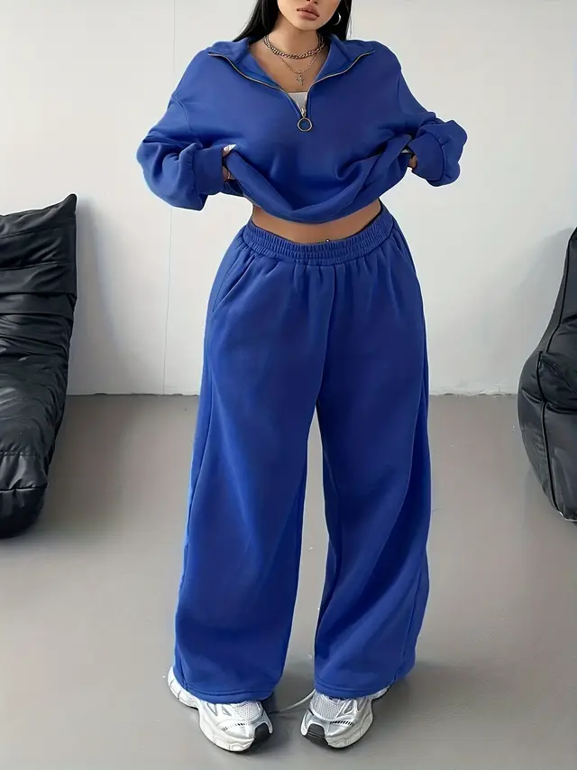 Fashion Half zip Long sleeve Top Elastic Loose Straight Suit Blue - Shop at LoveMi
