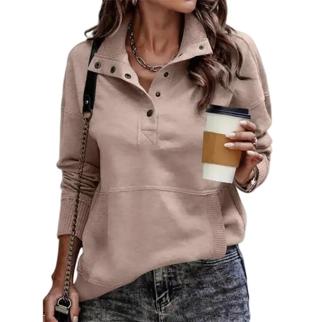 Women's Solid Color Pocket Design Long Sleeve Button Fashionable Sweatshirt Peach Red - Shop at LoveMi