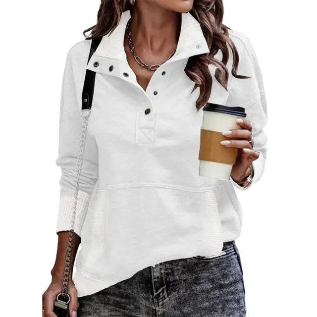 Women's Solid Color Pocket Design Long Sleeve Button Fashionable Sweatshirt White - Shop at LoveMi