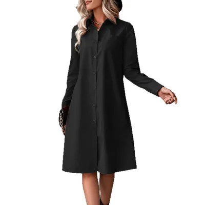 New Drawstring Waist Slimming Lapel Shirt Dress Black - Shop at LoveMi