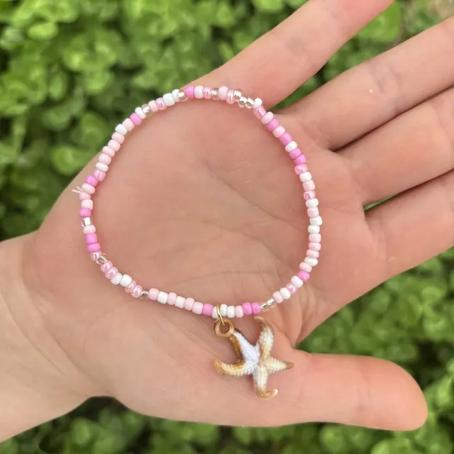 Dopamine Handmade Colored Rice Bead Elastic Bracelet Pink - Shop at LoveMi