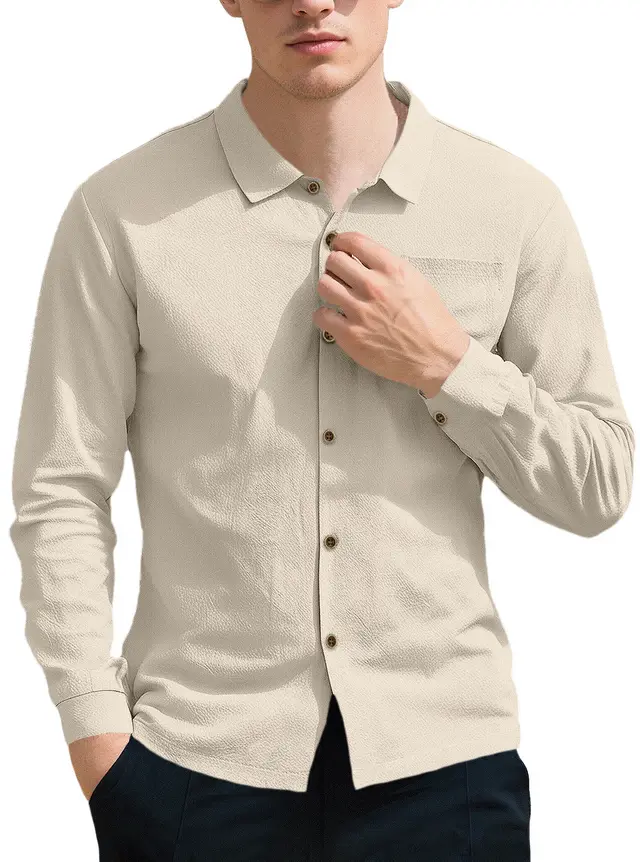 New Men's Solid Color Lapel Casual Loose Long Sleeve Shirt Khaki - Shop at LoveMi
