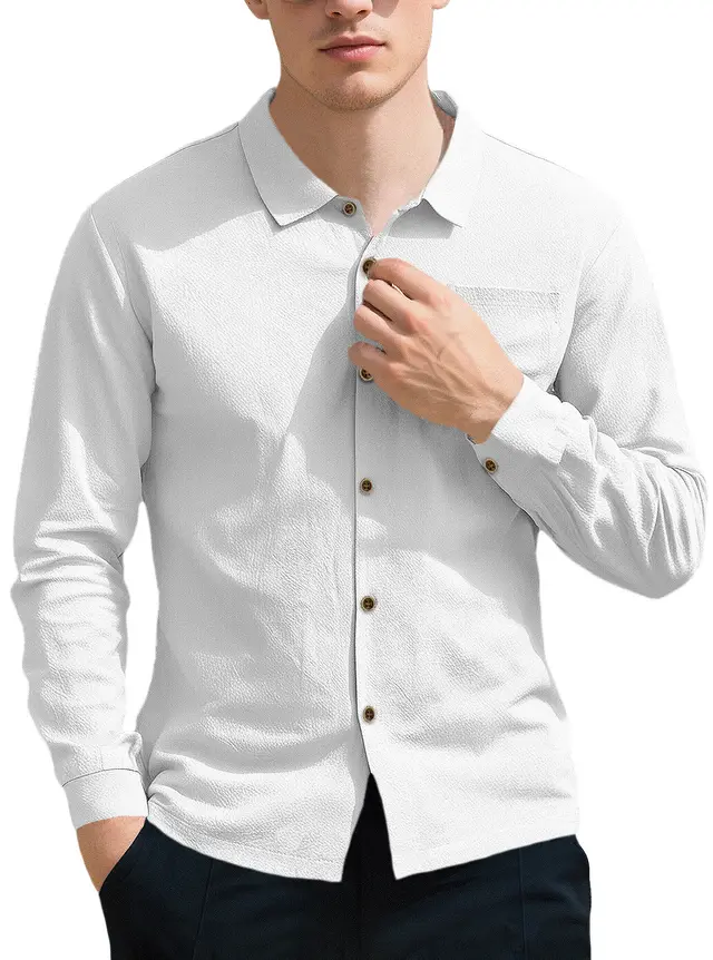 New Men's Solid Color Lapel Casual Loose Long Sleeve Shirt White - Shop at LoveMi
