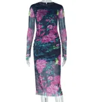 One-step Round-neck Long-sleeve Slim Long Dress - Green And Floral Pattern