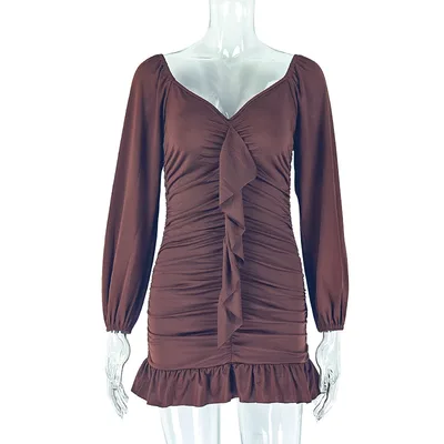 U neck Backless Long Sleeve Short Dress Dark Brown - Shop at LoveMi