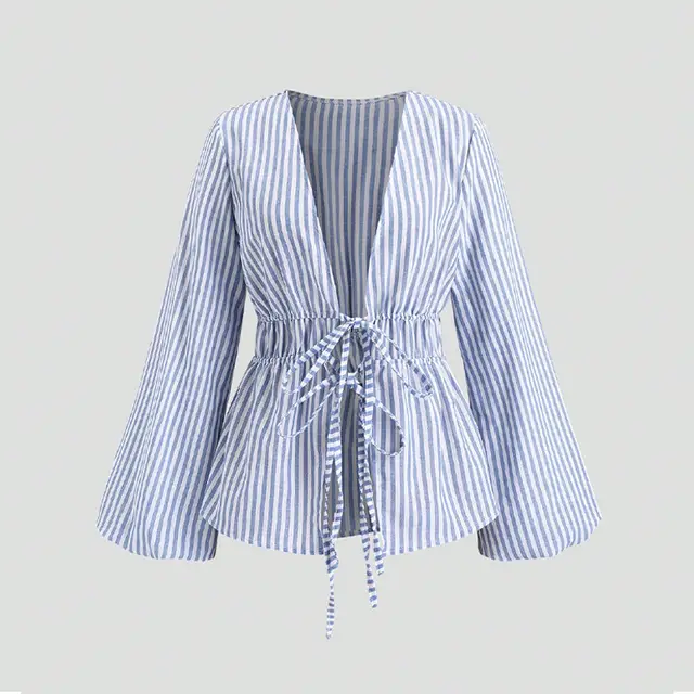 European And American Style Striped Long sleeve Tie waist Women's Shirt Stripes - Shop at LoveMi