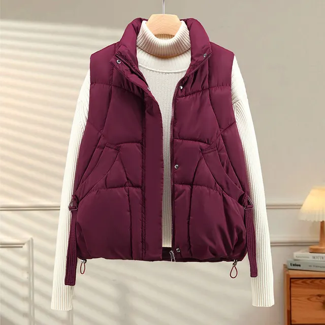Women's Autumn Loose Outerwear Stand Collar Cotton Vest Wine Red - Shop at LoveMi