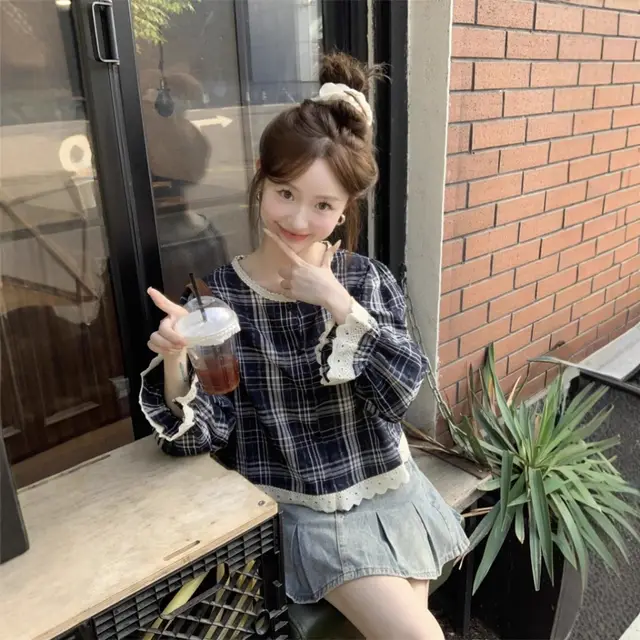 Women's Spring And Autumn Design Loose Short Top For Petite Checkered Shirt - Shop at LoveMi