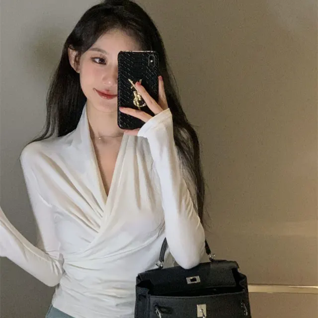 Cross Diagonal Collar Long Sleeve T shirt Pure Desire Base Shirt Women Light Apricot - Shop at LoveMi