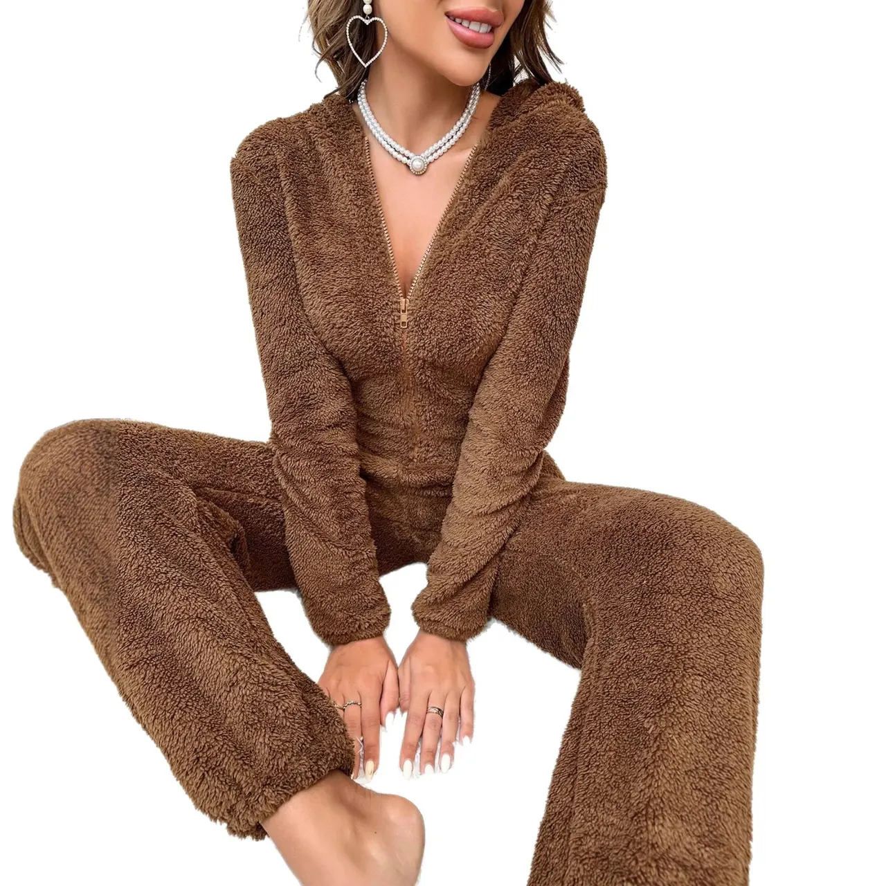 Fleece-lined Thick Furry Onesie Hooded Pajama Homewear - Brown Jumpsuit