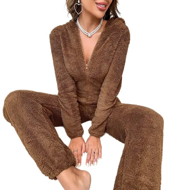 Fleece lined Thick Furry Onesie Hooded Pajama Homewear Brown Jumpsuit - Shop at LoveMi
