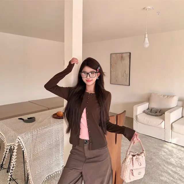 Women's Autumn Korean Style Niche Retro Versatile Fake Two Piece Top Brown - Shop at LoveMi