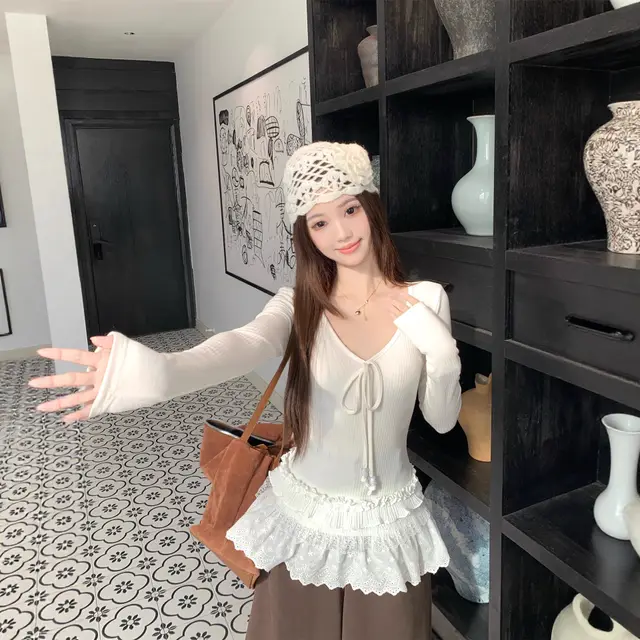 Spliced V neck Tie Long Sleeve Women's Versatile Slimming Top White - Shop at LoveMi