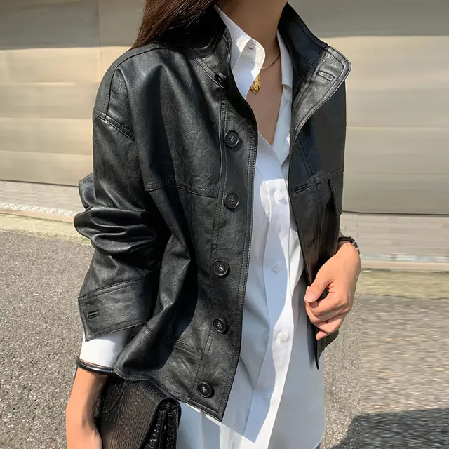 Autumn Simple Versatile Stand Collar Single breasted Loose Long Sleeve Black - Shop at LoveMi