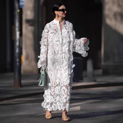Women's Hollow Out 3D Floral Round Neck Long Sleeve Dress White - Shop at LoveMi
