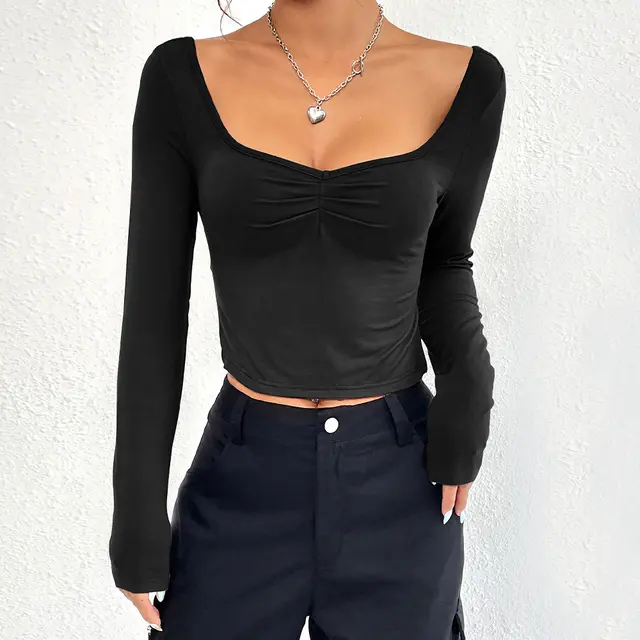 Fashionable Women's Slim fit Sexy Split Hem V neck Long Sleeve T shirt Black - Shop at LoveMi