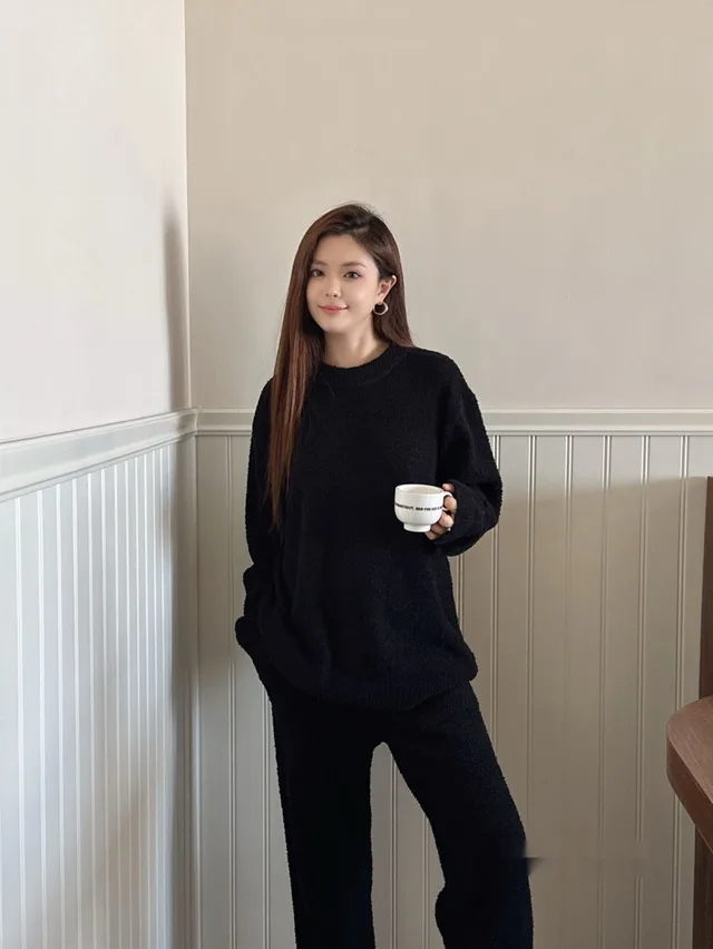 Plain Color Women's Homewear Set Blue Night Black - Shop at LoveMi