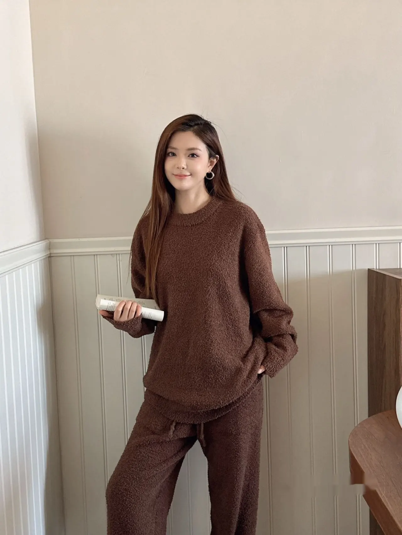 Plain Color Women's Homewear Set - Latte Coffee Color