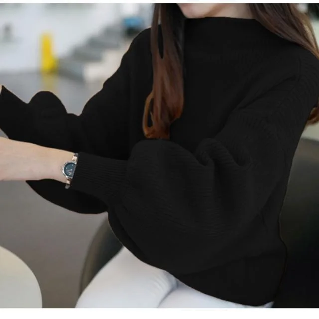 Half high Collar Short Lantern Sleeve Pullover Sweater Women Black - Shop at LoveMi