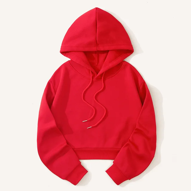 Autumn And Winter Fleece lined Casual Short Cropped Hooded Sweatshirt Red - Shop at LoveMi