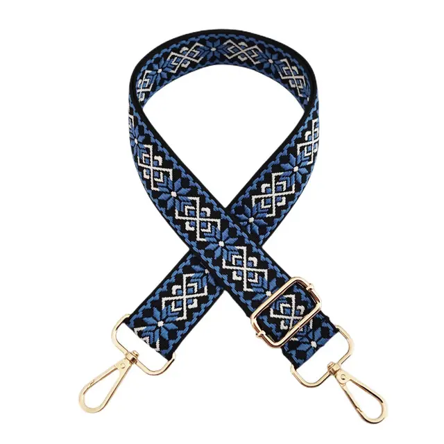 Ethnic Style Flower Embroidered Bag Strap Replacement Blue On Black Ground - Shop at LoveMi