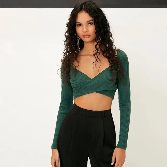 Sexy Crop Top V neck Women's Solid Color Versatile Slim fit Knit T shirt Green - Shop at LoveMi