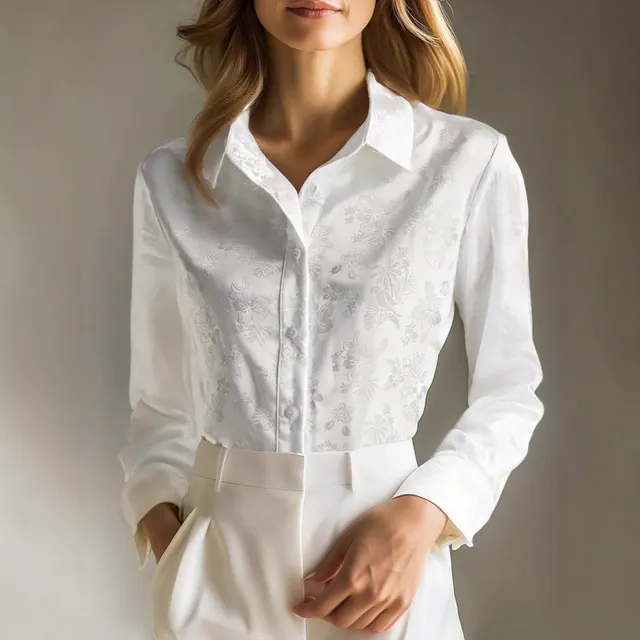 New French Jacquard Subtle Pattern Lapel Long Sleeve Shirt Women's Clothing White - Shop at LoveMi