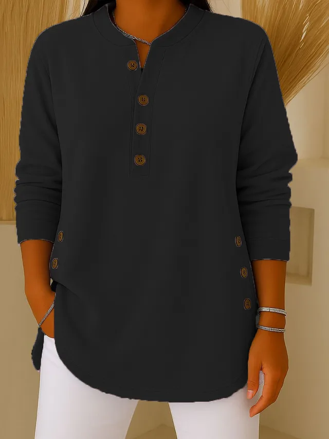 V neck Button Solid Color Knitted Long Sleeve T shirt Black - Shop at LoveMi