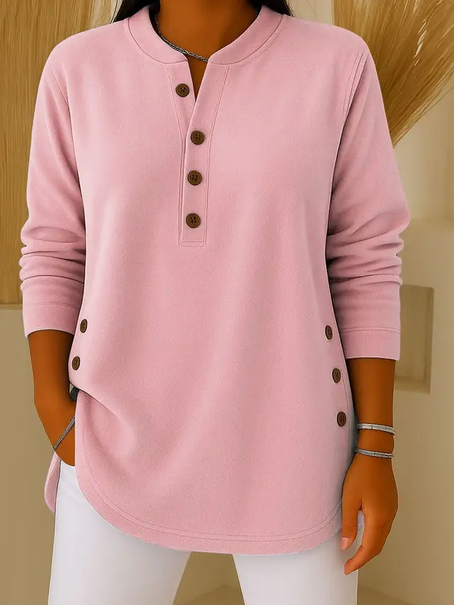 V neck Button Solid Color Knitted Long Sleeve T shirt Pink - Shop at LoveMi