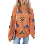 Women's Fashion Print Loose Long Sleeve Sweater - Orange Turkey