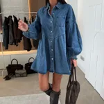 Casual Shirt Button Long Sleeve Denim Dress - Blue
