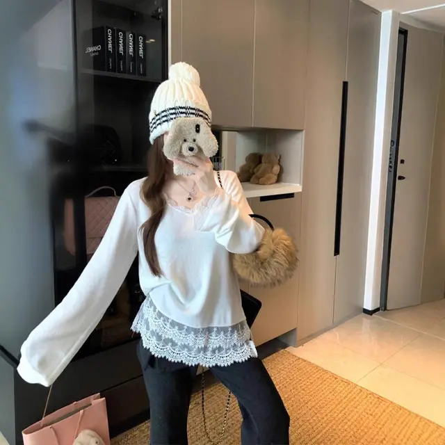 Lace Patchwork Long Sleeve V neck Loose Stylish Women's Top White - Shop at LoveMi