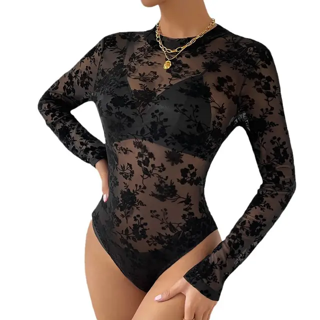 Lace Mesh Flocking Printing Sexy Slim Fit Long sleeved Jumpsuit Lace - Shop at LoveMi