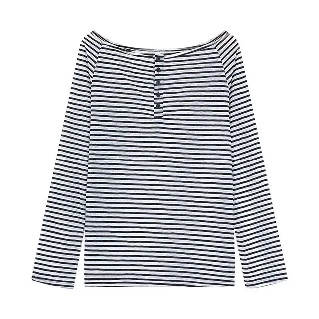 One shoulder Thin Striped Slimming Base Shirt T shirt For Women Black - Shop at LoveMi