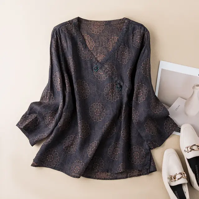 Spring New Linen V neck Floral Retro Literary Shirt Women Black And Gray - Shop at LoveMi