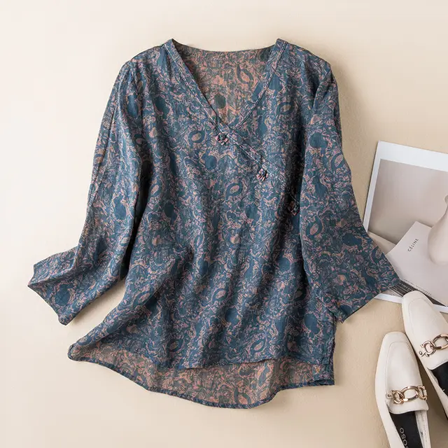 Spring New Linen V neck Floral Retro Literary Shirt Women Blue - Shop at LoveMi