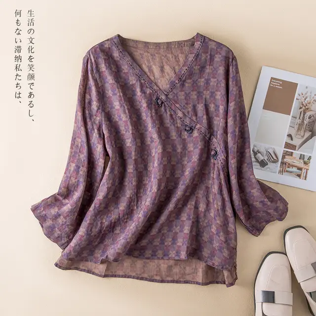 Spring New Linen V neck Floral Retro Literary Shirt Women Purple - Shop at LoveMi