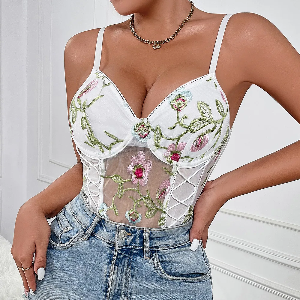 Flower Embroidery Sexy See-through Design Strappy New Camisole Jumpsuit - White