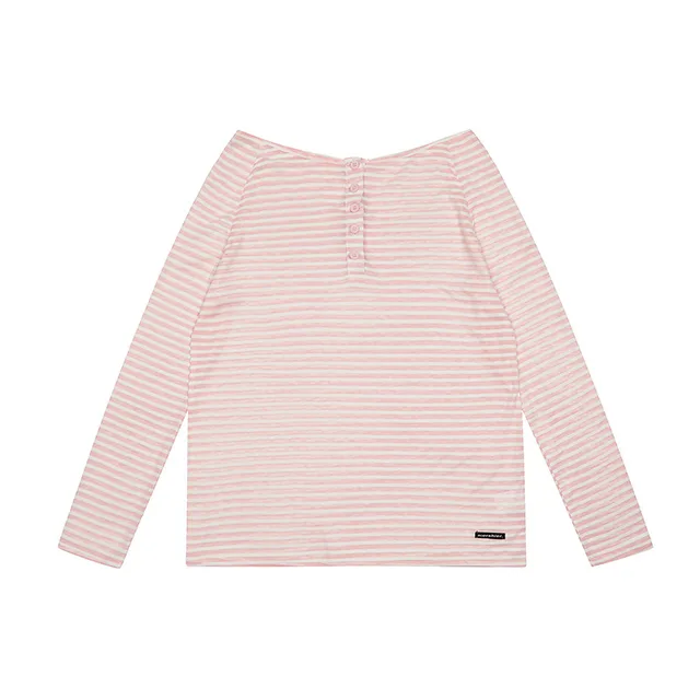 Striped Long Sleeve T shirt Women Boat Neck Loose Thin Sunshade Cover Pink - Shop at LoveMi