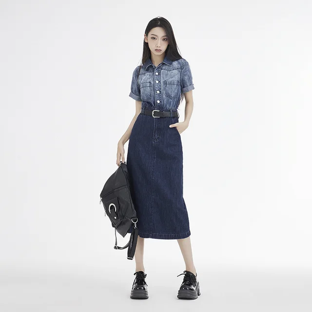 Women's Short sleeved Denim Dress With Waist cinching High Waist For A Slimming Effect Gradient Blue - Shop at LoveMi