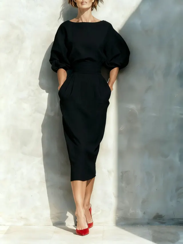 Women's A line Bubble Sleeve High Waist Gathered Dress Black - Shop at LoveMi