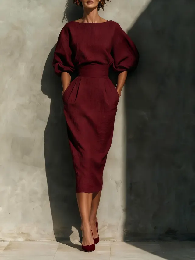 Women's A line Bubble Sleeve High Waist Gathered Dress Wine Red - Shop at LoveMi
