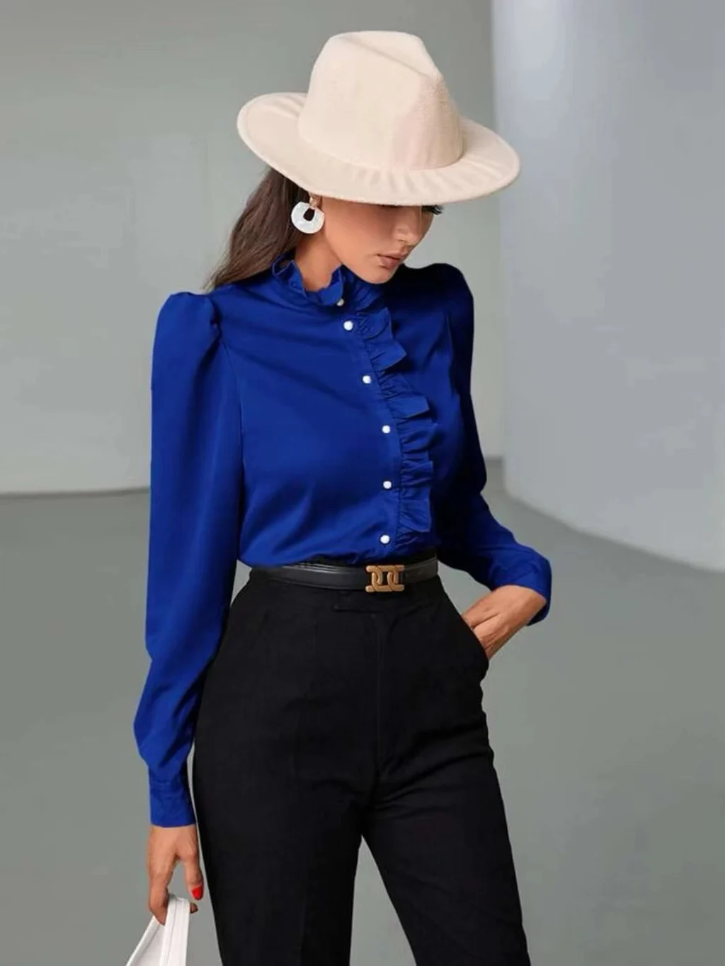 Women's Solid Color Simple Long-sleeved Ruffle Straight Shirt - Blue