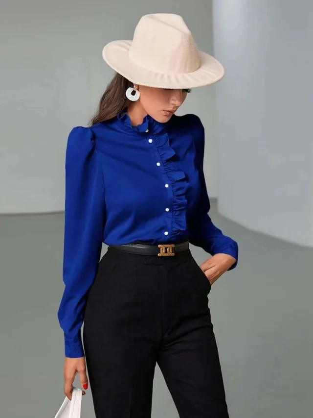 Women's Solid Color Simple Long sleeved Ruffle Straight Shirt Blue - Shop at LoveMi