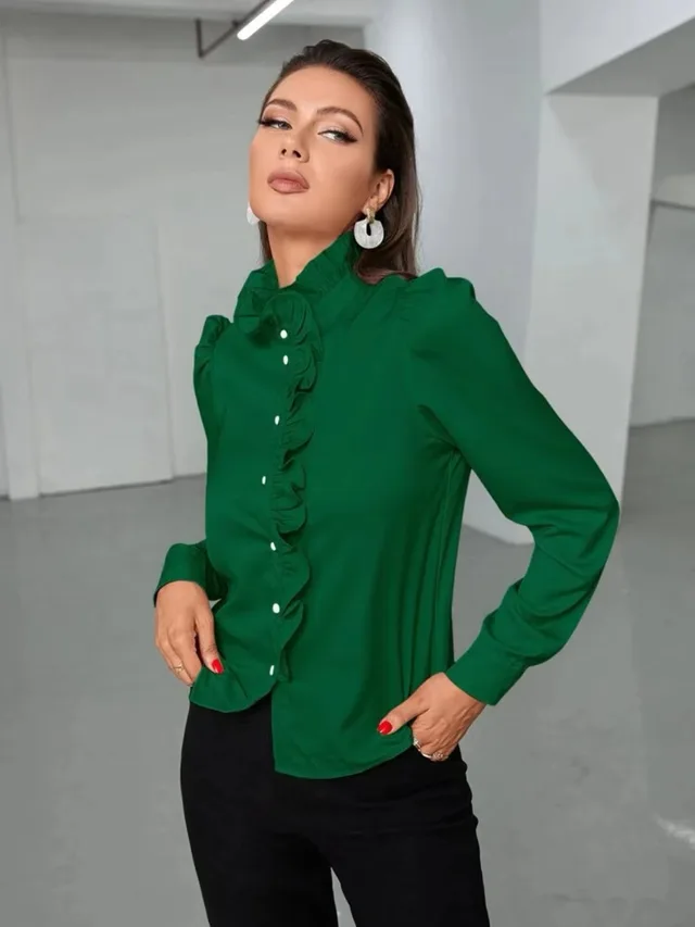 Women's Solid Color Simple Long sleeved Ruffle Straight Shirt Green - Shop at LoveMi