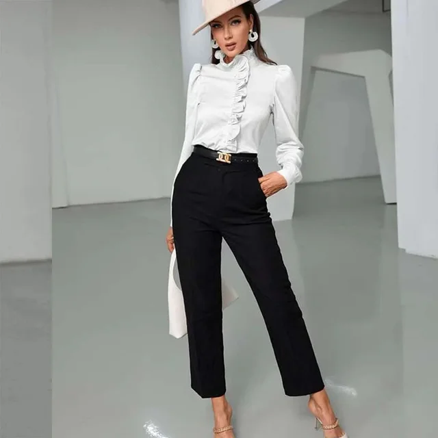 Women's Solid Color Simple Long sleeved Ruffle Straight Shirt White - Shop at LoveMi