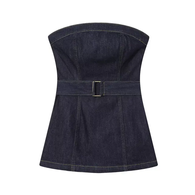 Denim Bustier Top With Belt And High waisted Wide leg Jeans Top - Shop at LoveMi