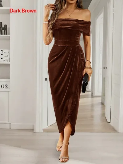 Solid Color Strapless Bodycon Long Dress Women's Dress Dark Brown - Shop at LoveMi