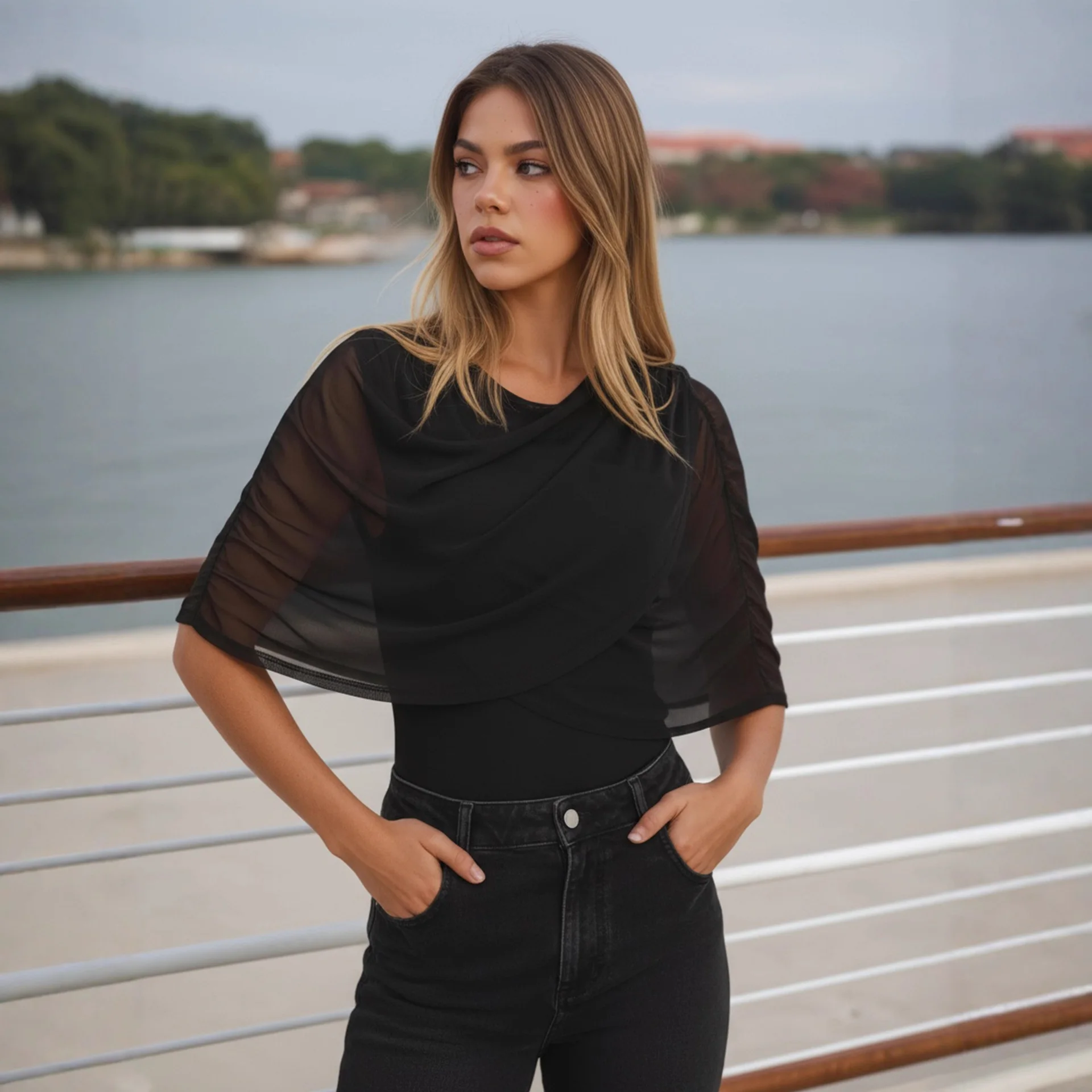 Solid Color Fashion Spliced Mesh Collar Slim And Versatile Commuter Top - Black