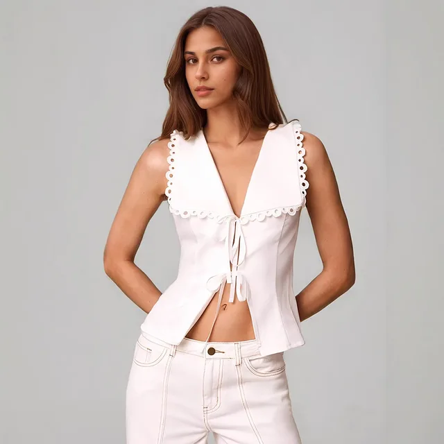White Lace trimmed Elegant Women's Slim fit Sleeveless Top White - Shop at LoveMi